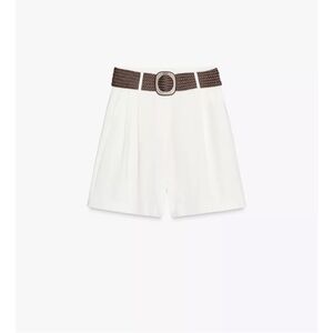 Zara White High Waist Shorts with Brown Belt